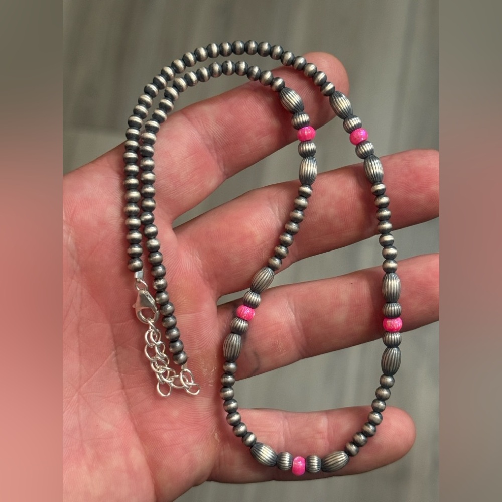 STERLING SILVER NATIVE AMERICAN SW 4mm FIRE PINK OPAL NAVAJO PEARL NECKLACE .925